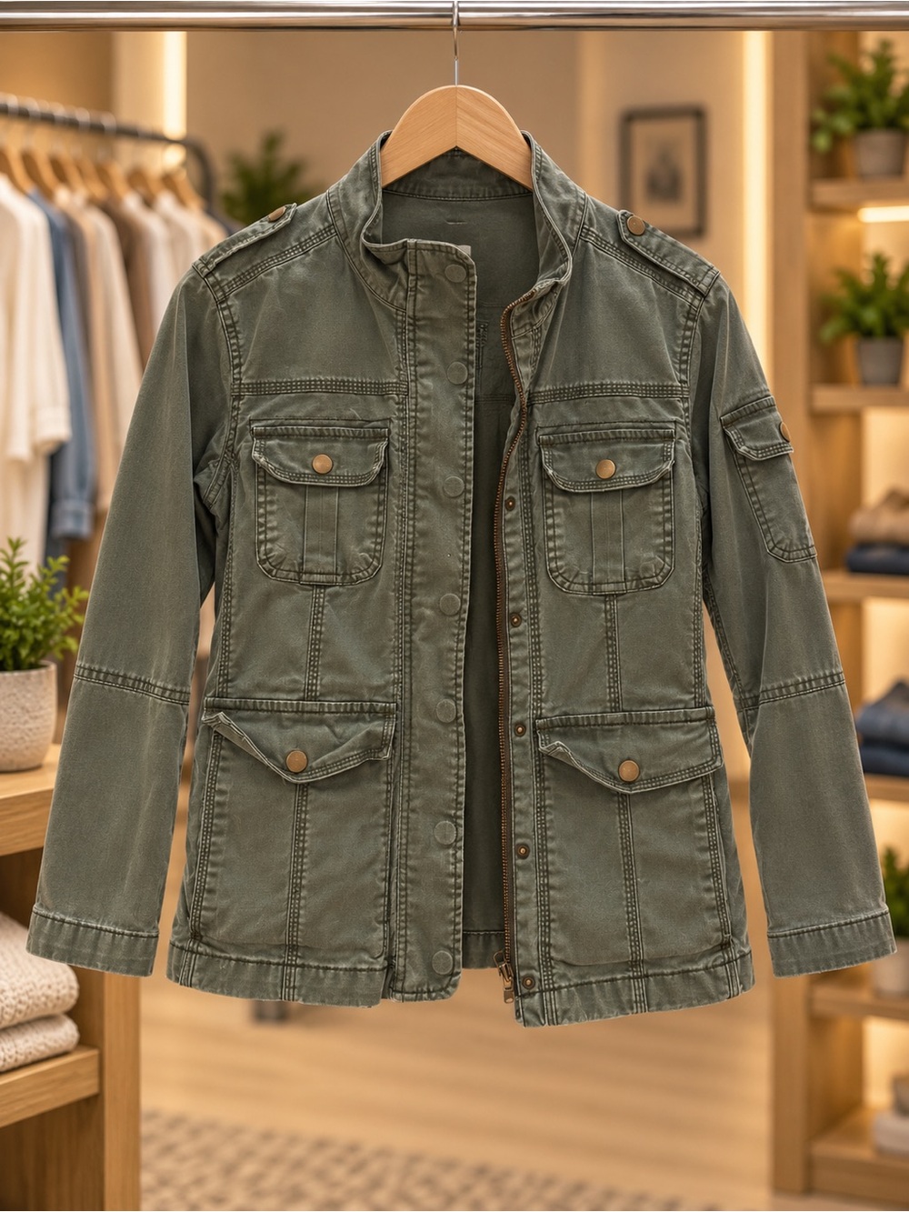 Kensie Olive Green Utility Jacket with Front Pockets